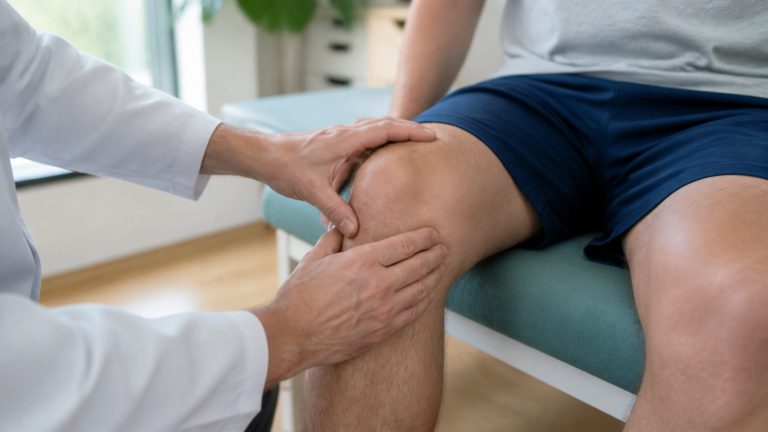 A clinician examining a patient’s knee