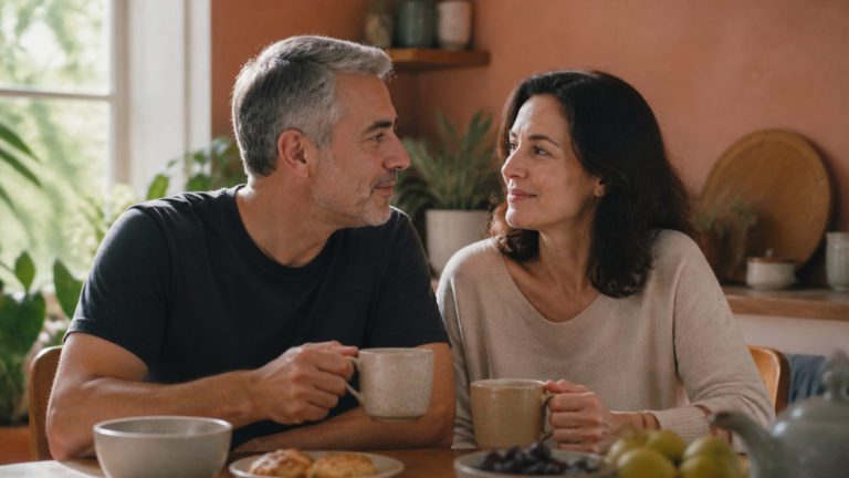 A couple sharing a quiet supportive moment at home
