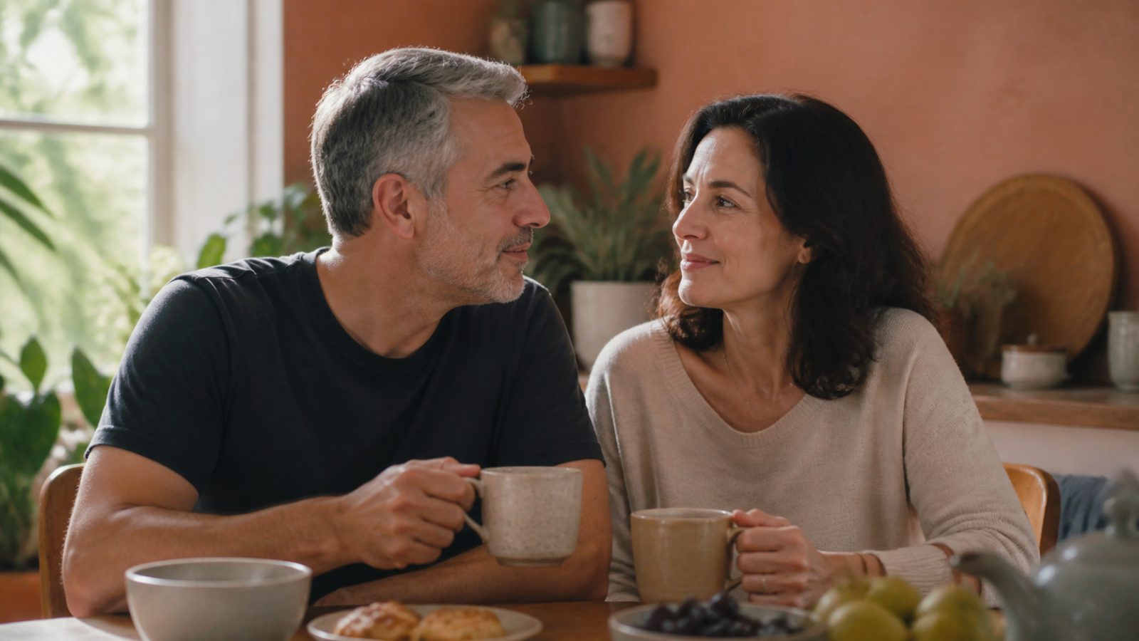 A couple sharing a quiet supportive moment at home