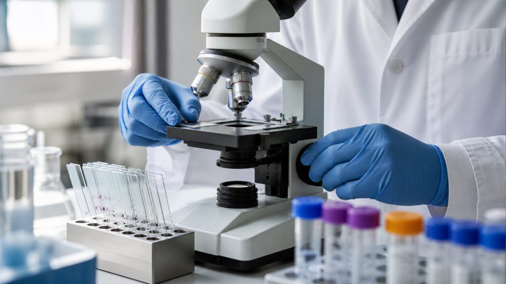 Microscope and gloved hands in a clinical research laboratory