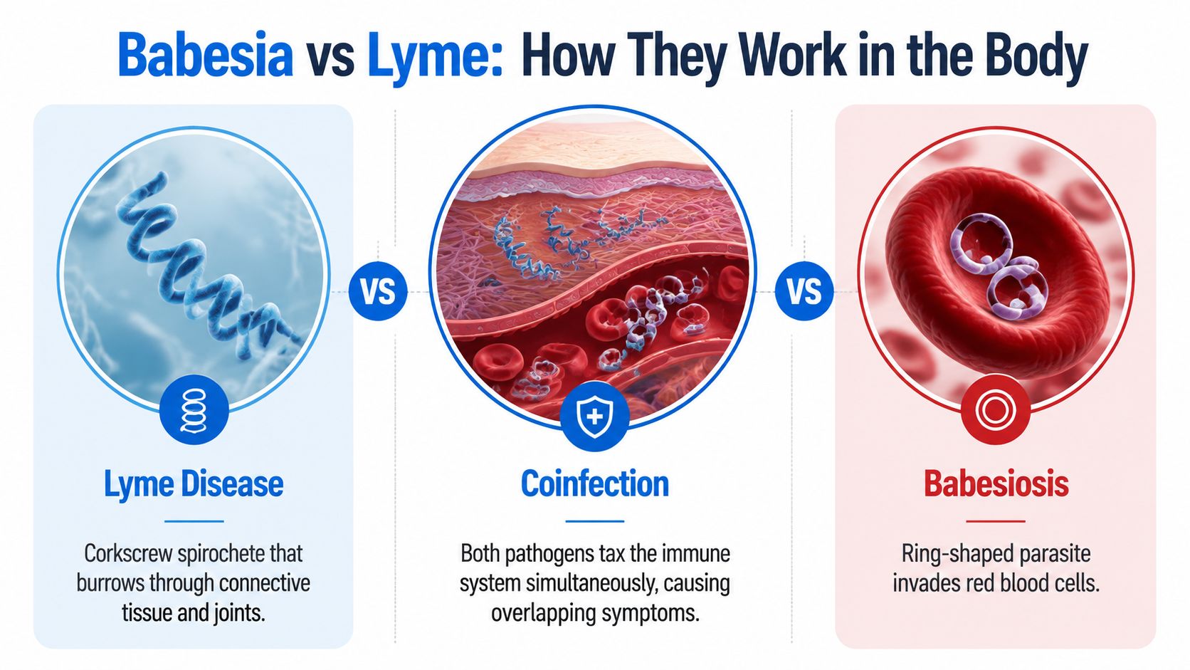 An infographic comparing how Lyme disease and Babesiosis affect the body, illustrating their unique pathogens and coinfection.