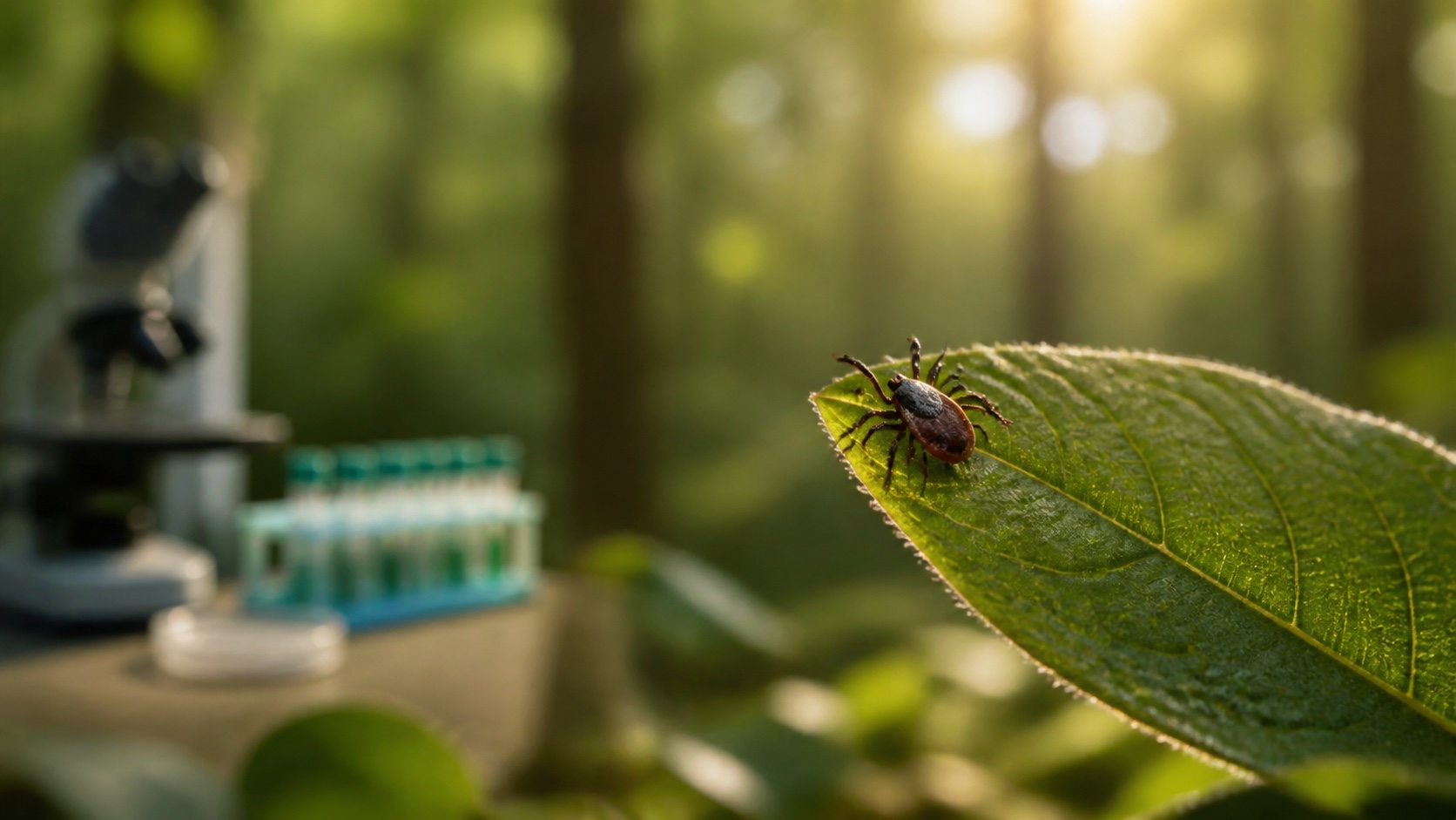Blacklegged tick on a green leaf with a medical laboratory softly visible in the background