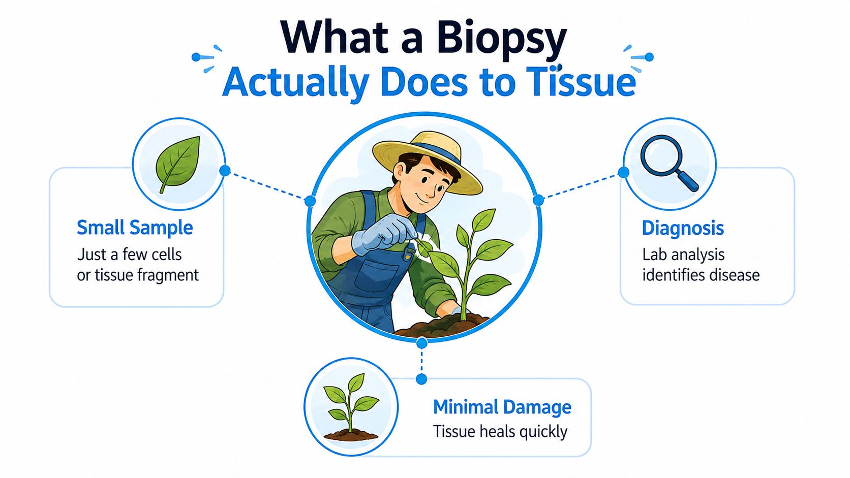 A simplified illustration explaining the biopsy process, featuring a gardener representing minimal tissue removal for diagnosis.