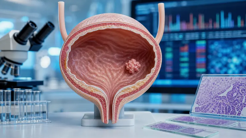 Scientific bladder model showing a localized urothelial tumor with pathology and biomarker testing