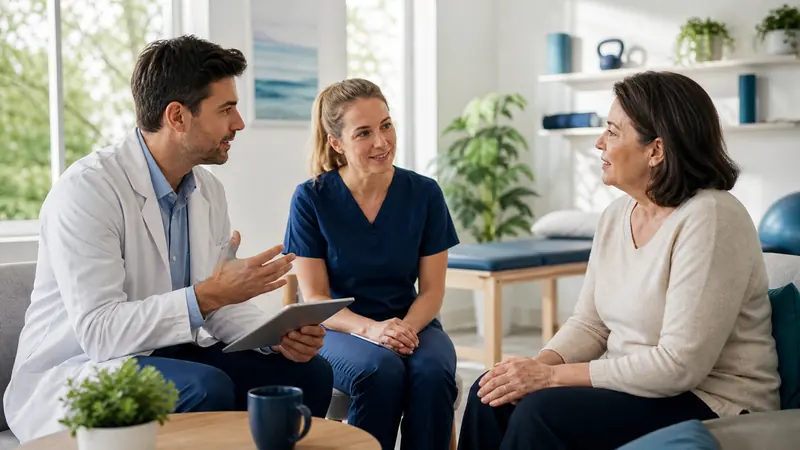 Physician and physical therapist discussing individualized bone cancer care and safe movement with a patient