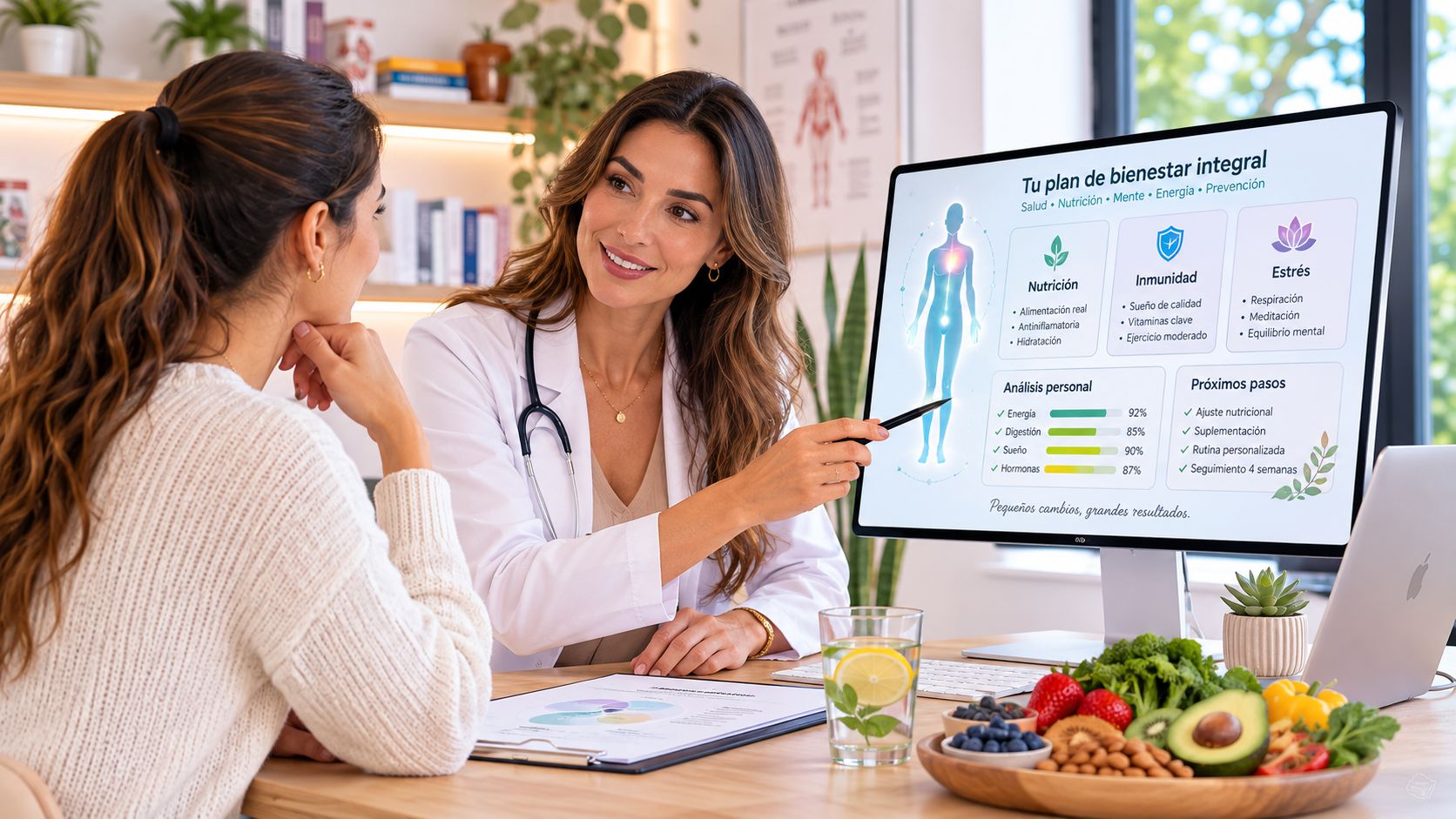 A female doctor discussing a personalized wellness plan on a computer screen with a patient in an office.