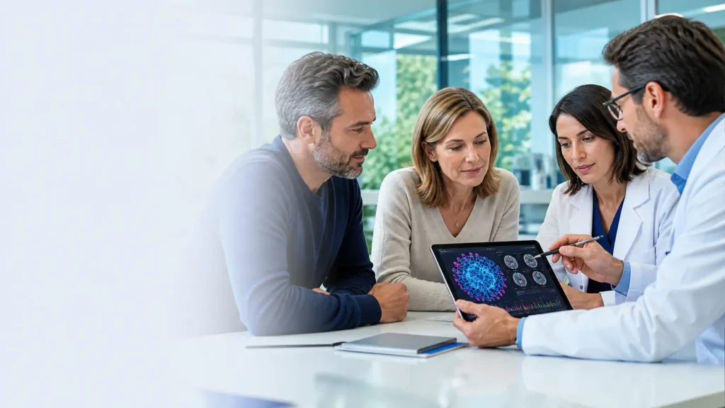 Cancer patient reviewing clinical trial information with oncology specialists