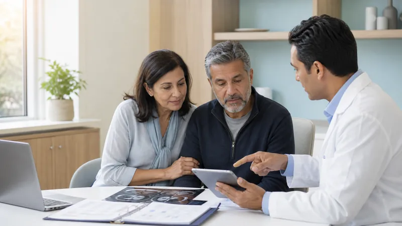 Patient and family member reviewing cancer scan and pathology results with a physician during a second-opinion consultation