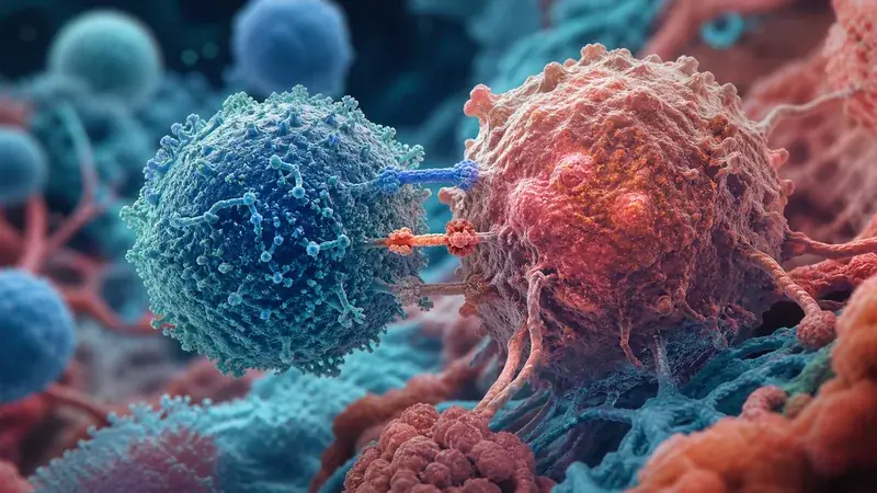 Scientific visualization of a T cell engaging a cancer cell through immune checkpoint interactions