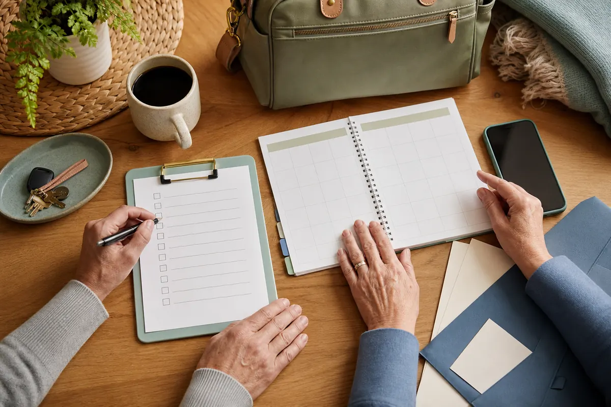 Patient and caregiver organizing a cancer treatment lodging checklist and calendar