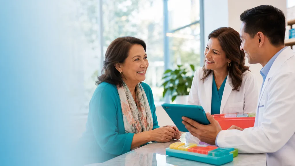 Cancer patient discussing medication assistance with an oncology pharmacist and physician