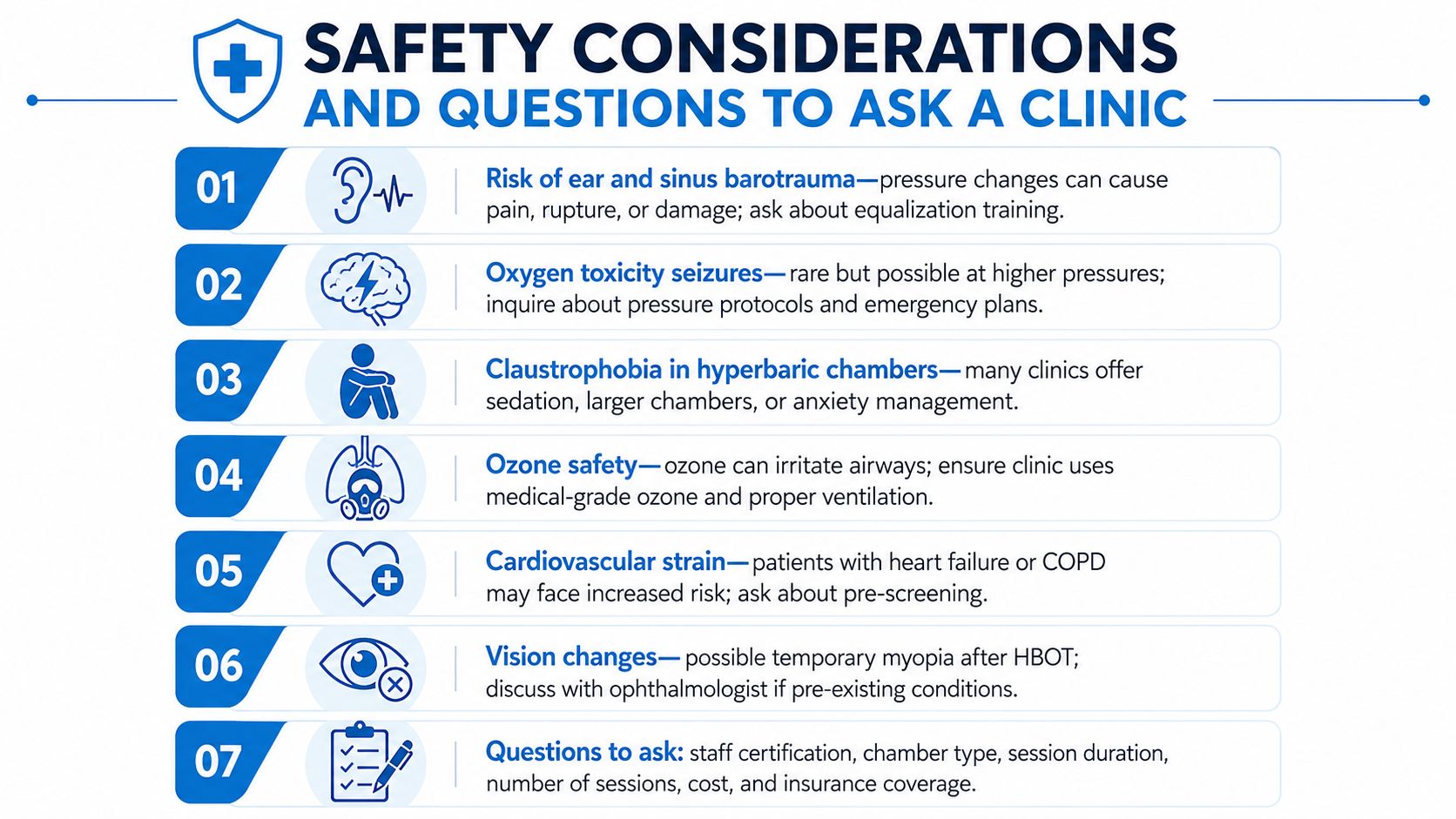 A safety checklist infographic listing important considerations and questions for patients undergoing hyperbaric oxygen therapy sessions.