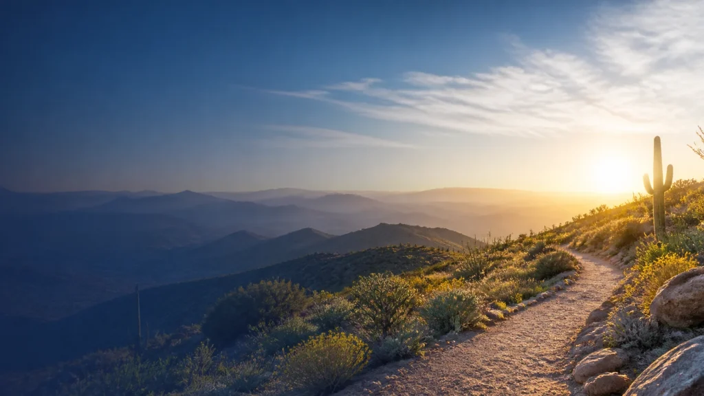 Sunrise over an Arizona desert mountain path representing hope and practical support for cancer patients