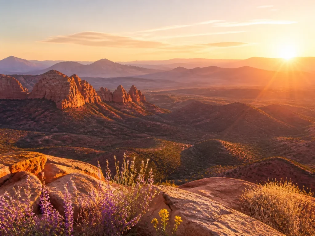 Warm morning sun illuminating layered Arizona mountains and desert wildflowers
