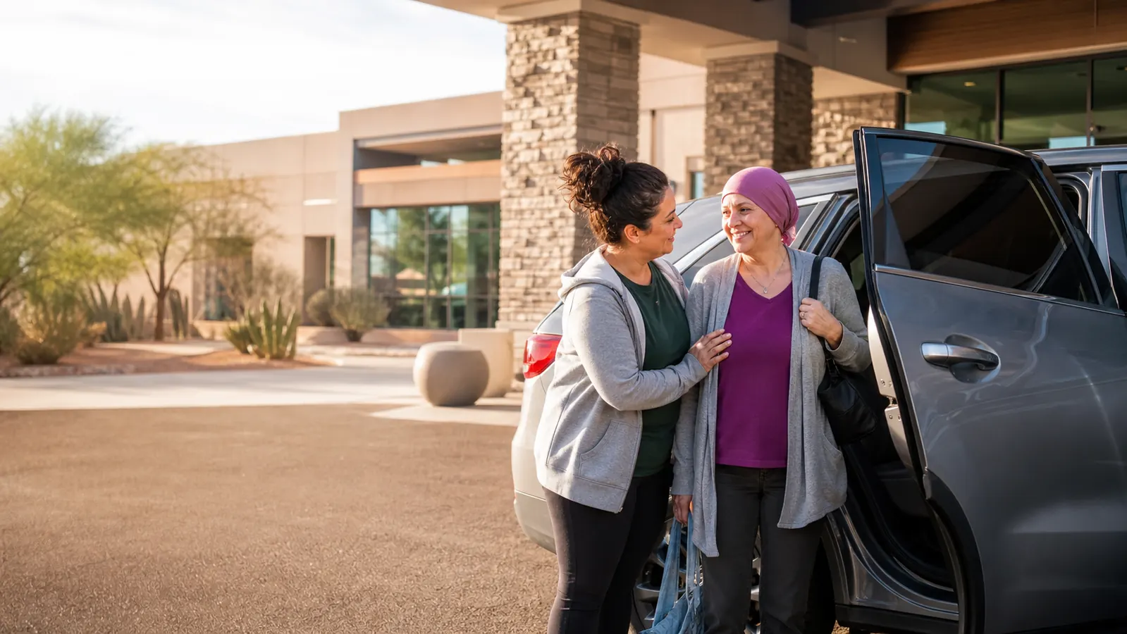 Cancer patient and volunteer preparing for a ride to treatment