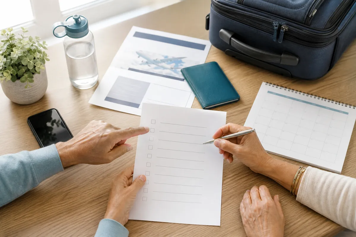 Patient and caregiver reviewing a cancer treatment flight checklist and travel calendar