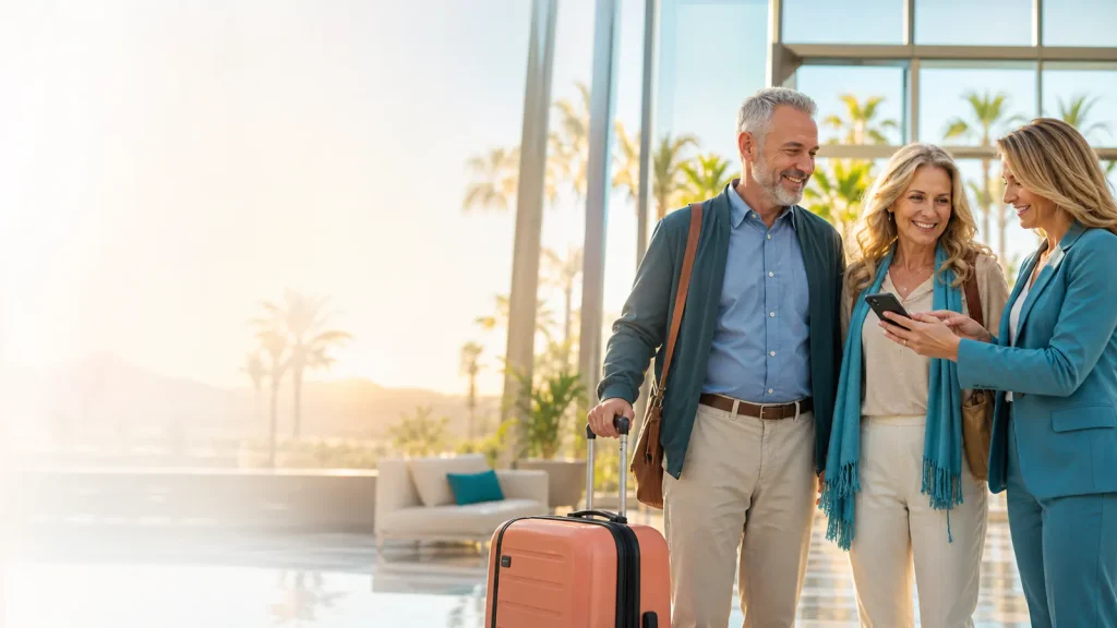 Cancer patient and companion receiving help planning medical travel