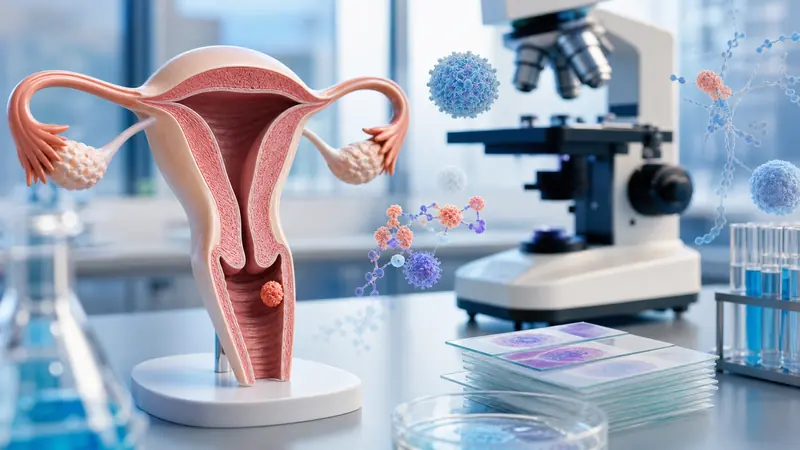 Uterus and cervix model with pathology slides illustrating HPV-related cervical cancer evaluation