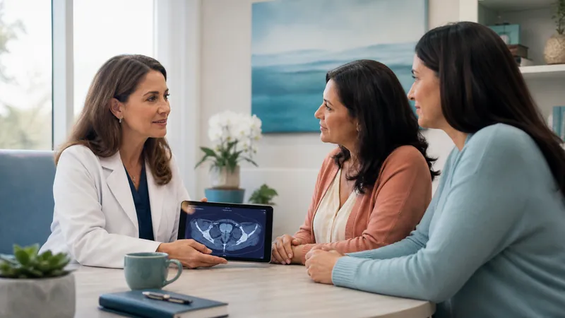 Female physician reviewing a pelvic scan with a cervical cancer patient and supportive family member