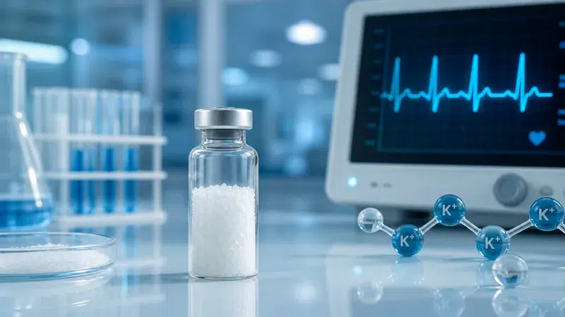 Cesium salt vial beside an ECG monitor and potassium ion model illustrating heart rhythm safety concerns