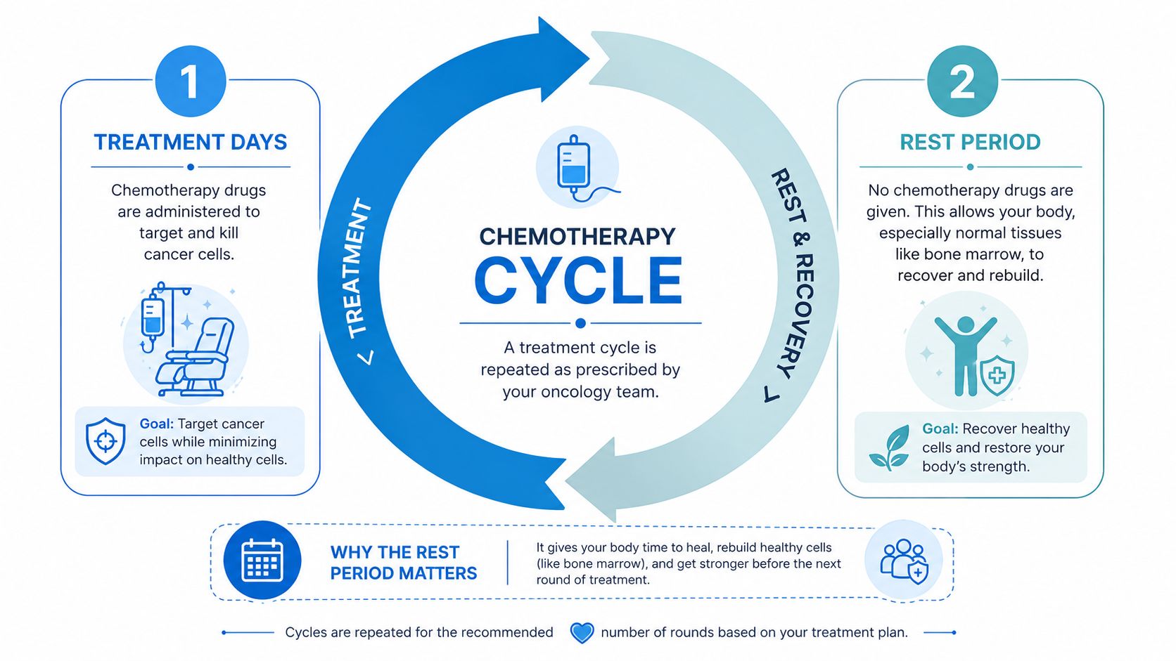 A diagram explaining the chemotherapy cycle, including treatment days, rest periods, and the goal of each phase.