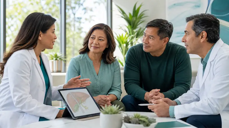 Oncology physicians meeting with a cholangiocarcinoma patient and partner about coordinated treatment