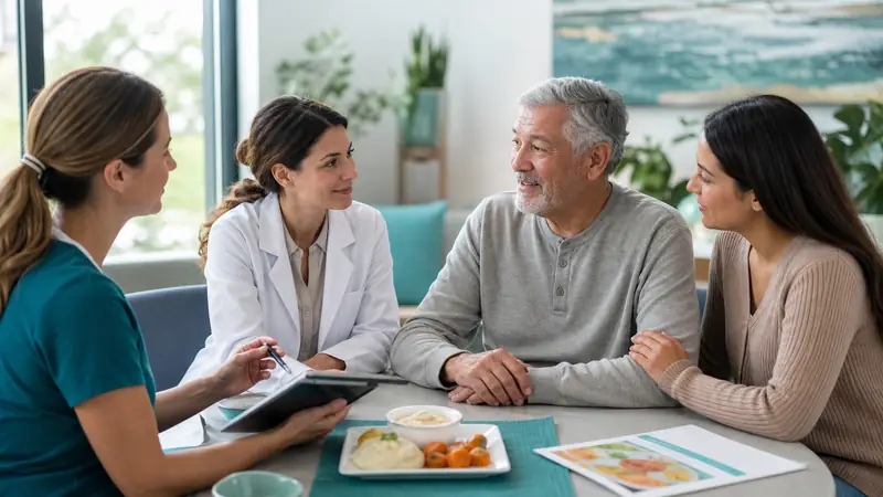 Female physician and dietitian meeting with an esophageal cancer patient and his daughter about nutrition