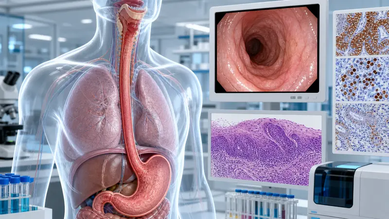 Esophagus anatomy, endoscopic view and pathology images illustrating esophageal cancer evaluation