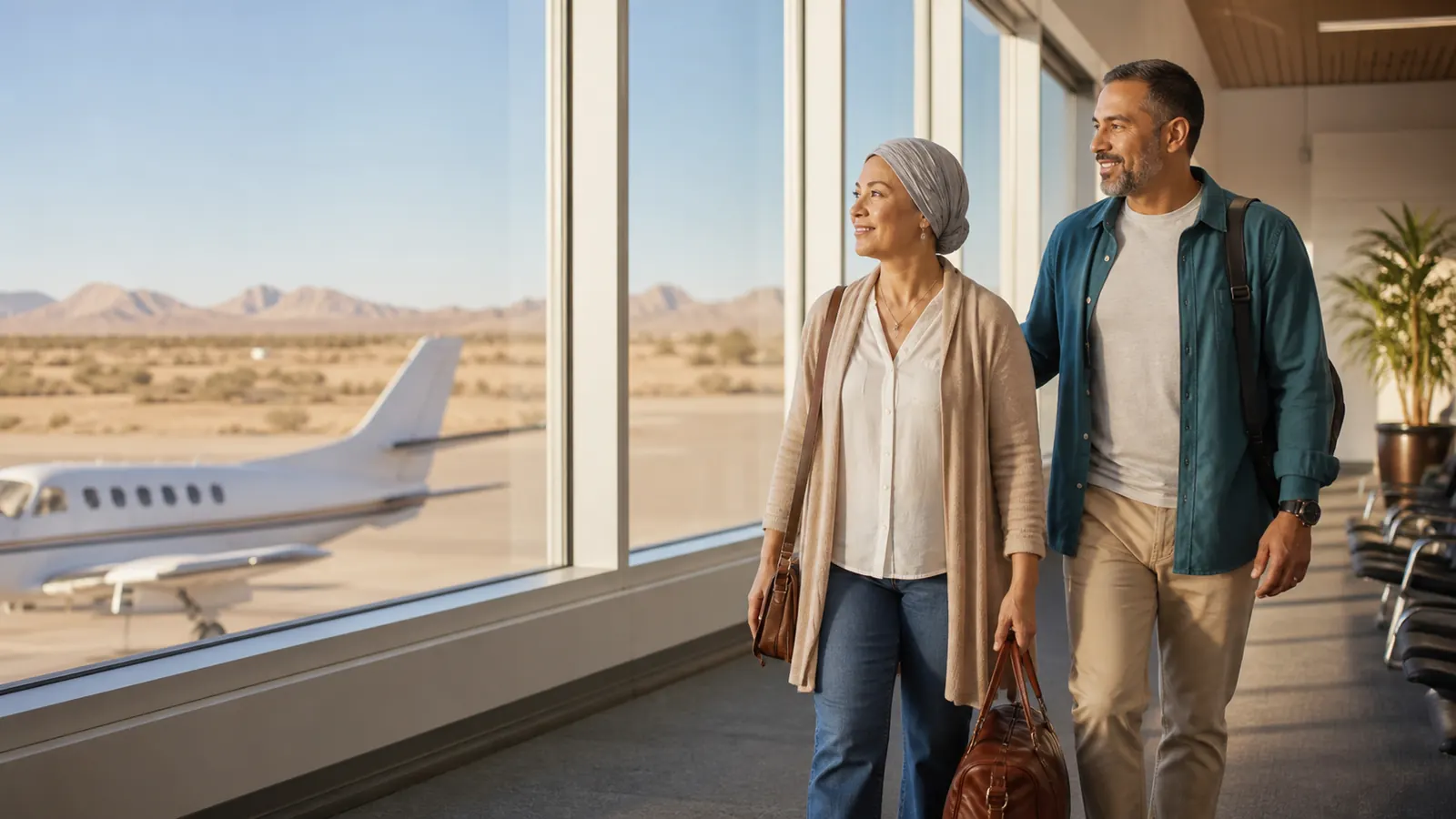 Cancer patient and companion preparing to fly for out-of-town cancer treatment