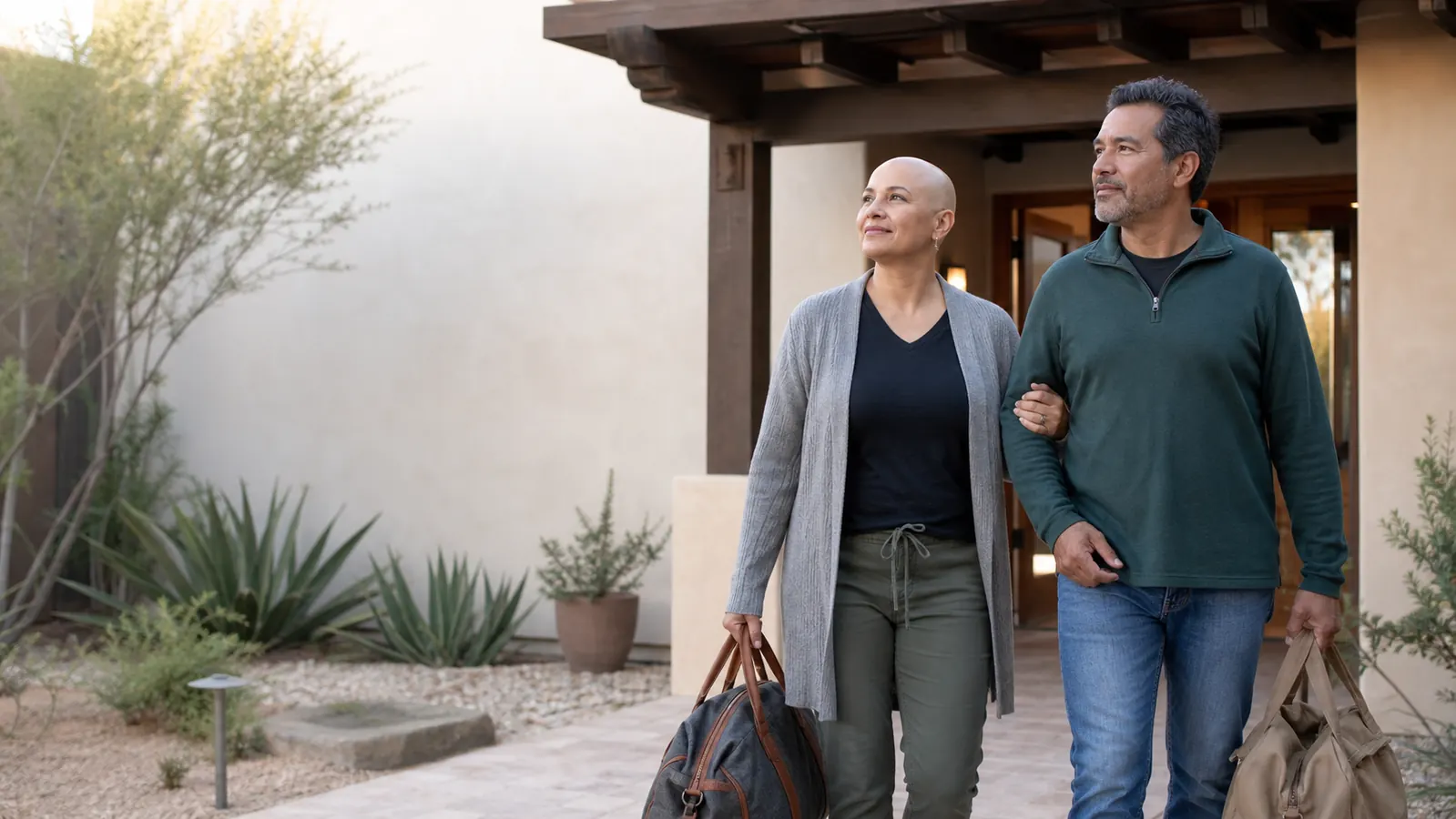 Cancer patient and caregiver arriving at a nonprofit hospitality house for treatment