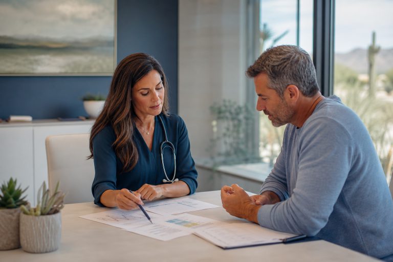 Physician reviewing laboratory results and an individualized Lyme disease recovery plan with a patient