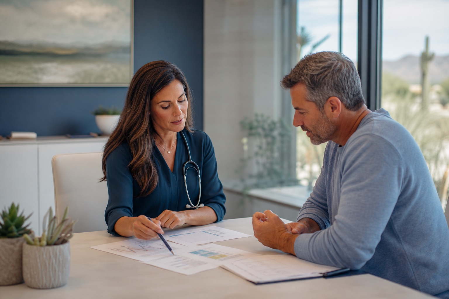 Physician reviewing laboratory results and an individualized Lyme disease recovery plan with a patient