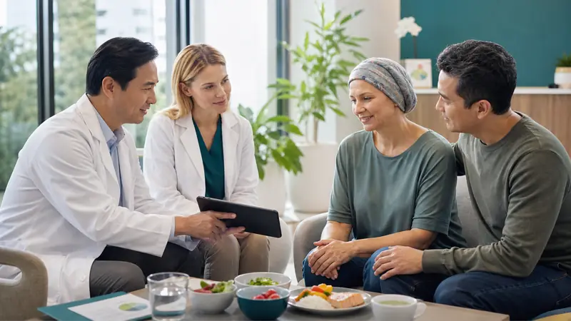 Male physician and dietitian meeting with a gastric cancer patient and her partner about nutrition after treatment