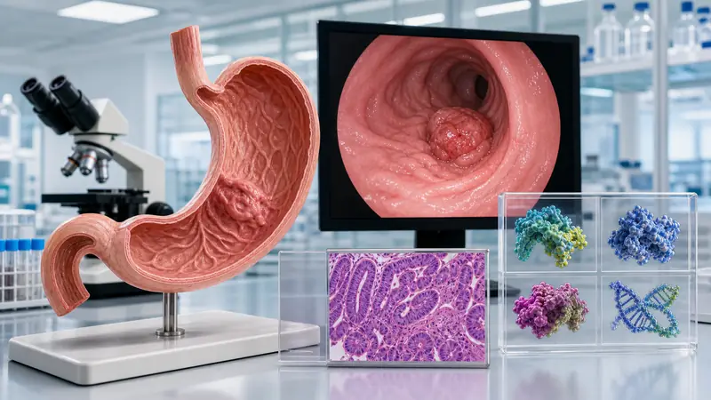 Stomach anatomy, endoscopic view and pathology images illustrating gastric cancer biomarker evaluation