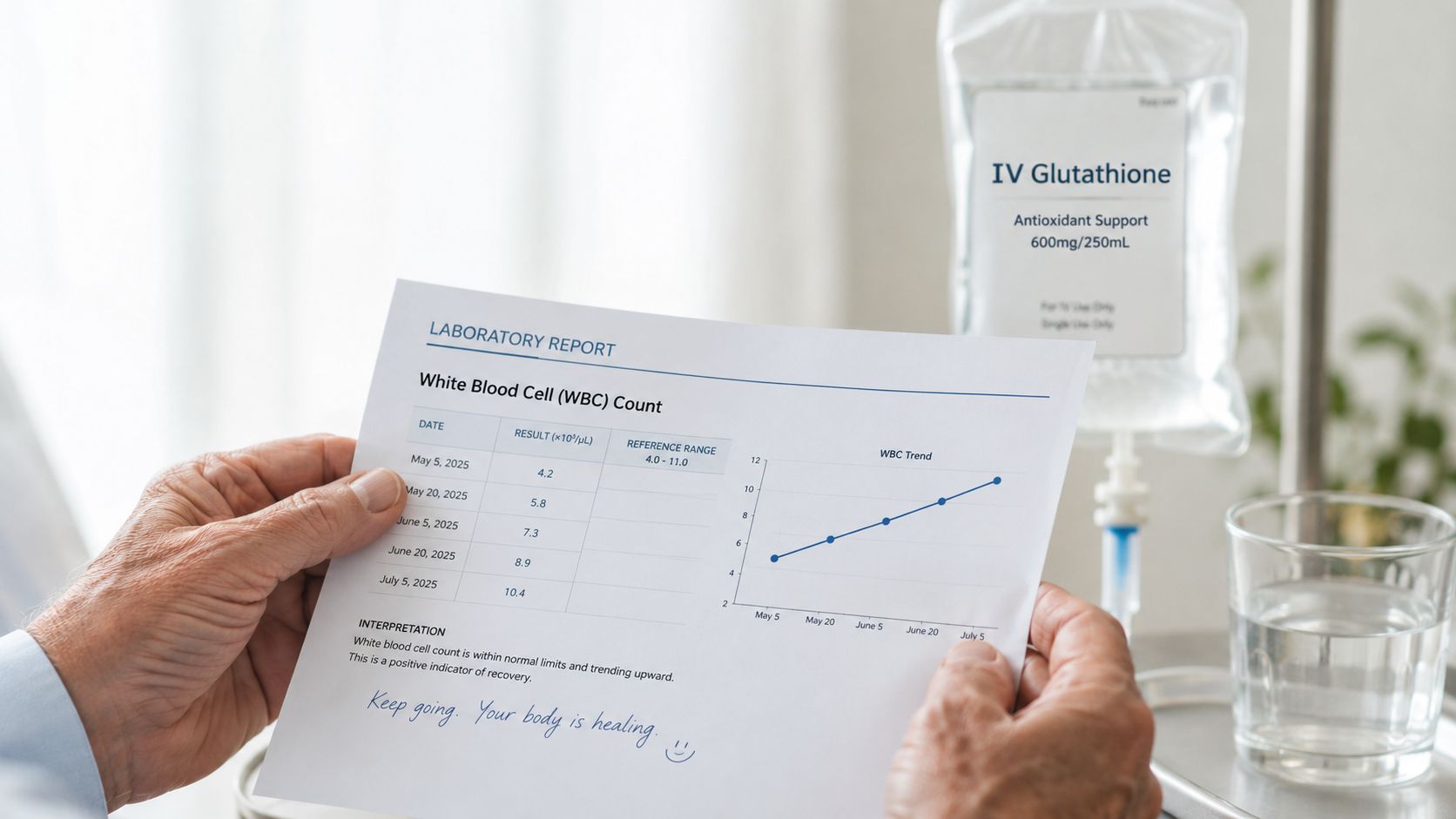 An elderly person holds a laboratory report showing an increasing white blood cell count next to IV therapy.