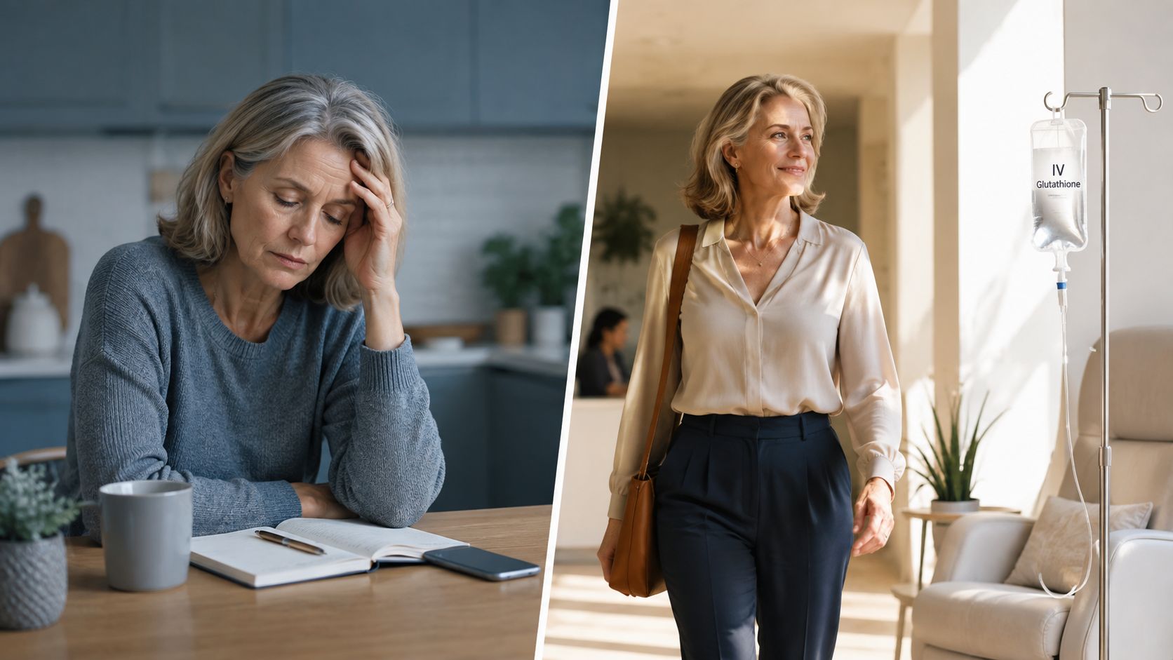 A side-by-side comparison showing a stressed woman at a desk versus a relaxed woman post-IV glutathione therapy.