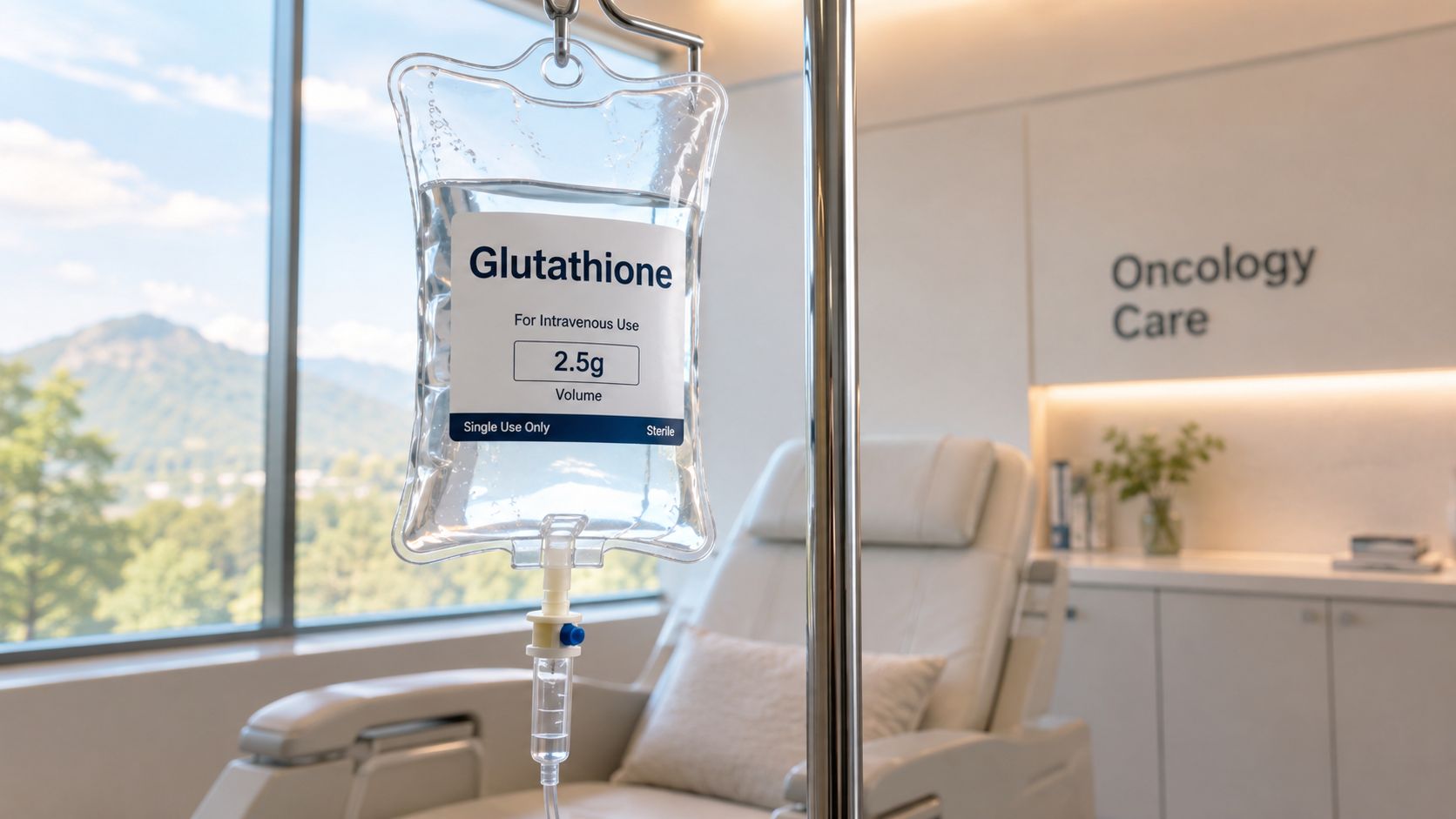A clear IV bag labeled Glutathione hanging on a stand in a modern oncology care clinic room.