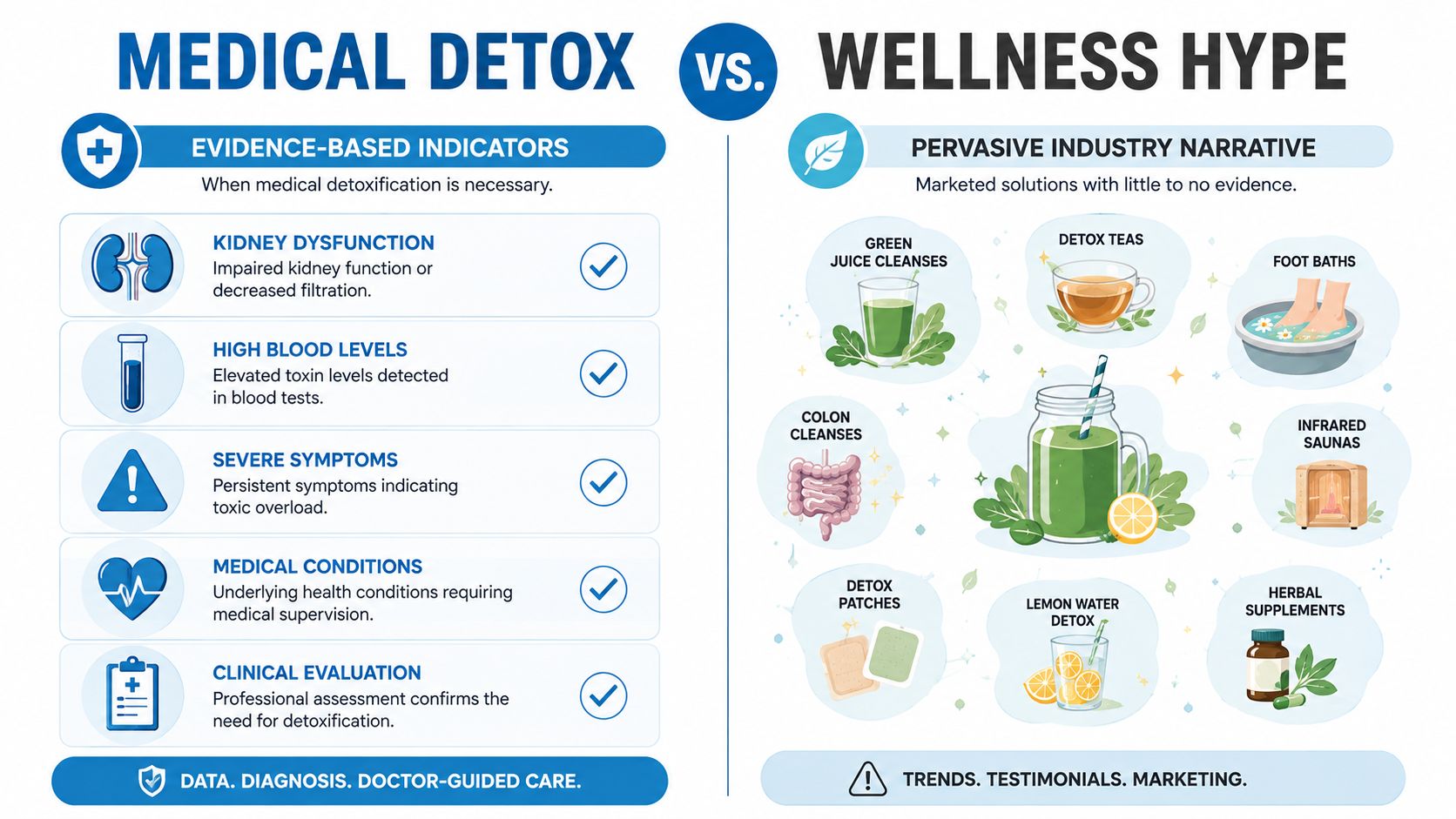 A comparison infographic between evidence-based medical detoxification and popular wellness detox trends lacking scientific backing.
