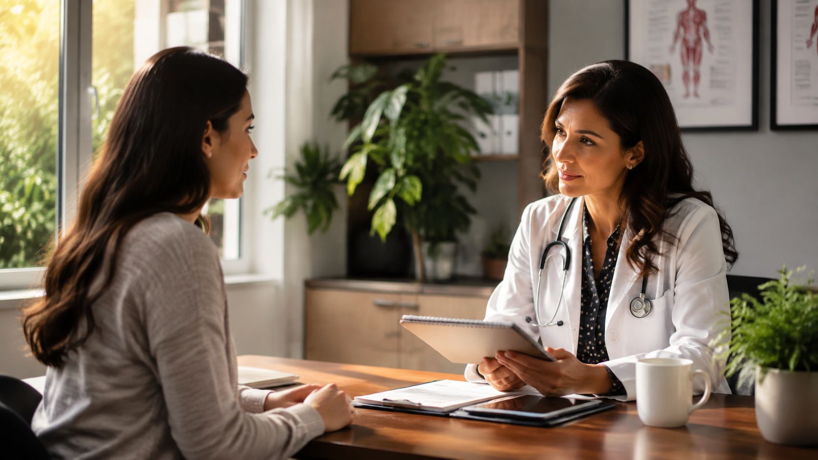 A female doctor with a stethoscope having a professional consultation with a patient in an office.