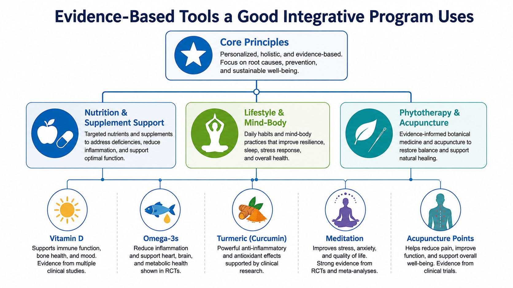 A diagram illustrating core principles and tools for an evidence-based integrative health program, including nutrition and mind-body practices.