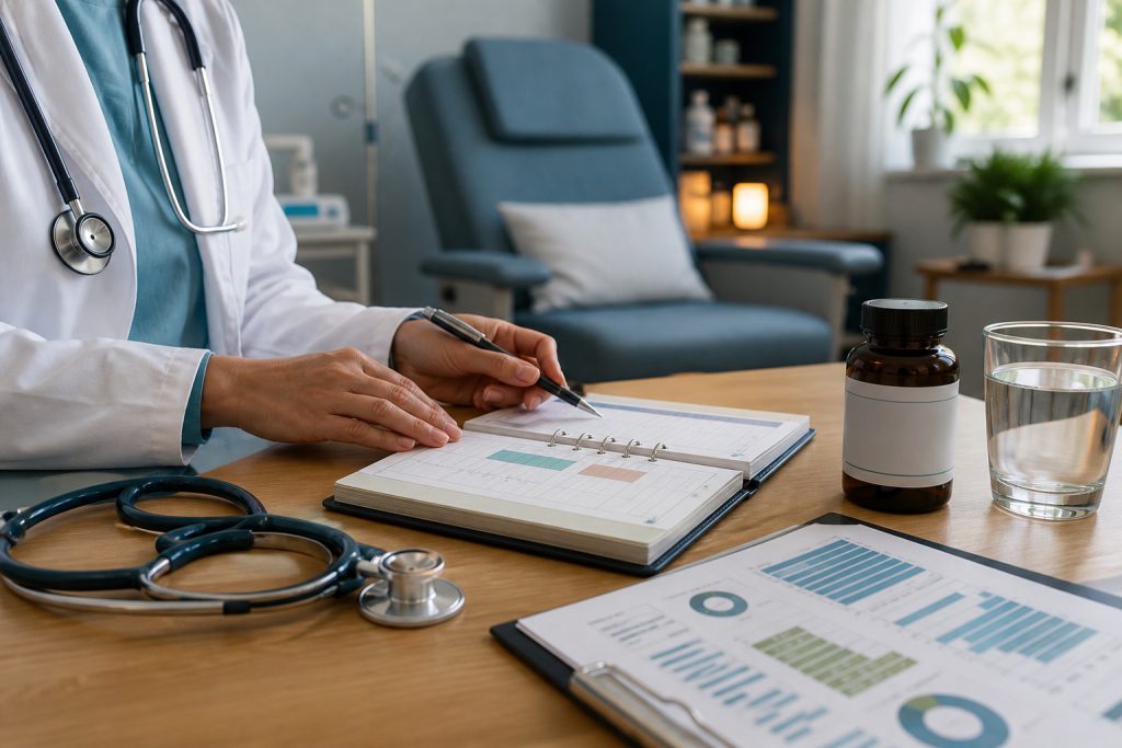 Clinician organizing an individualized Lyme disease treatment plan in an integrative medical office