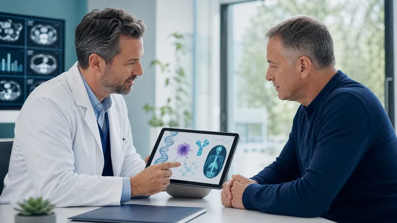 Oncology physician reviewing cancer immunotherapy biomarkers and scan results with a patient