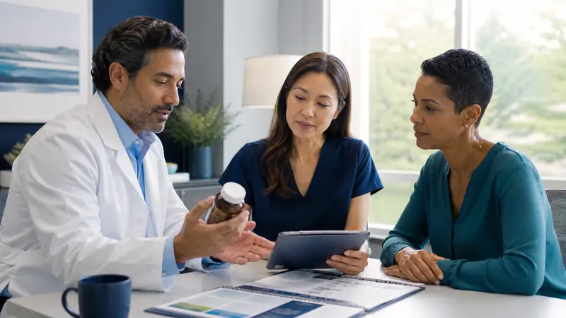 Integrative oncology physician and dietitian reviewing inositol supplement safety with a cancer patient