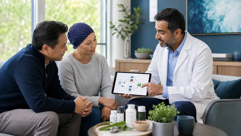 Male integrative oncology physician reviewing supplements and treatment safety with a cancer patient and family member