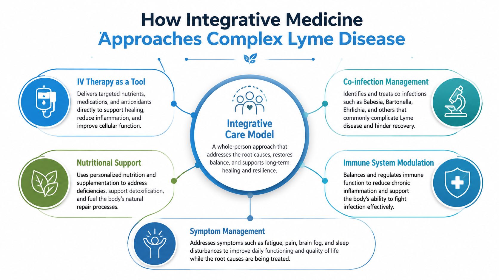 A diagram illustrating the integrative medicine approach to managing and treating complex Lyme disease symptoms effectively.