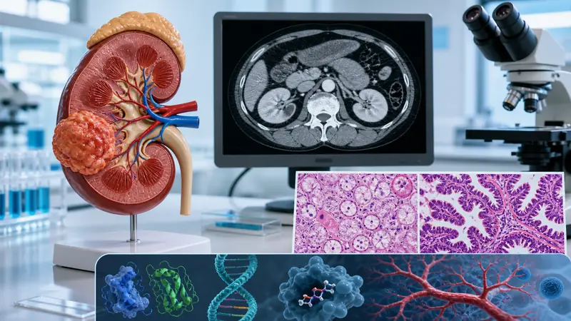 Kidney anatomy, CT imaging and pathology illustrating renal cell carcinoma evaluation