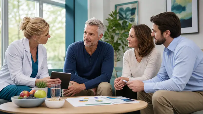 Physician and renal dietitian meeting with a kidney cancer patient and partner about recovery and kidney health