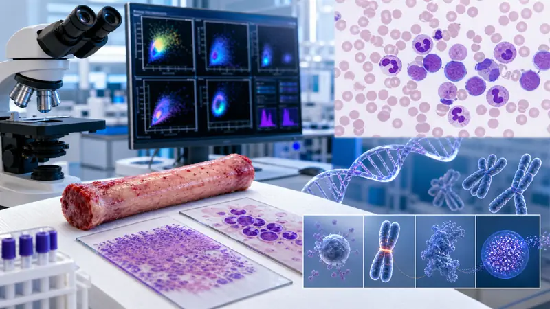 Bone marrow, blood cells, flow cytometry and molecular testing used in leukemia evaluation