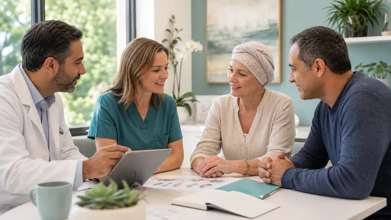 Hematology and integrative oncology clinicians meeting with a leukemia patient and family member