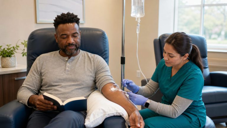 A nurse checking an IV line beside a seated patient